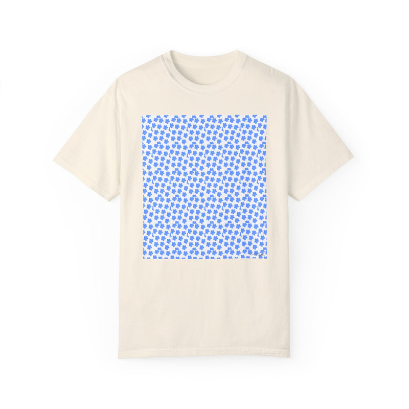 Blue Fowers Print Unisex Garmet Dyed Tee shirt