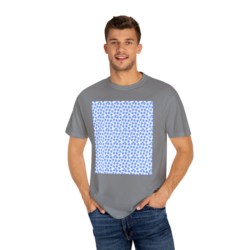 Blue Fowers Print Unisex Garmet Dyed Tee shirt