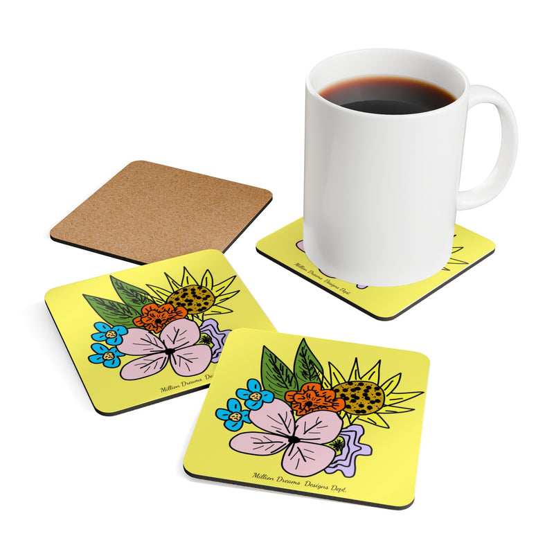 Yellow Flora Corkwood Coaster Set