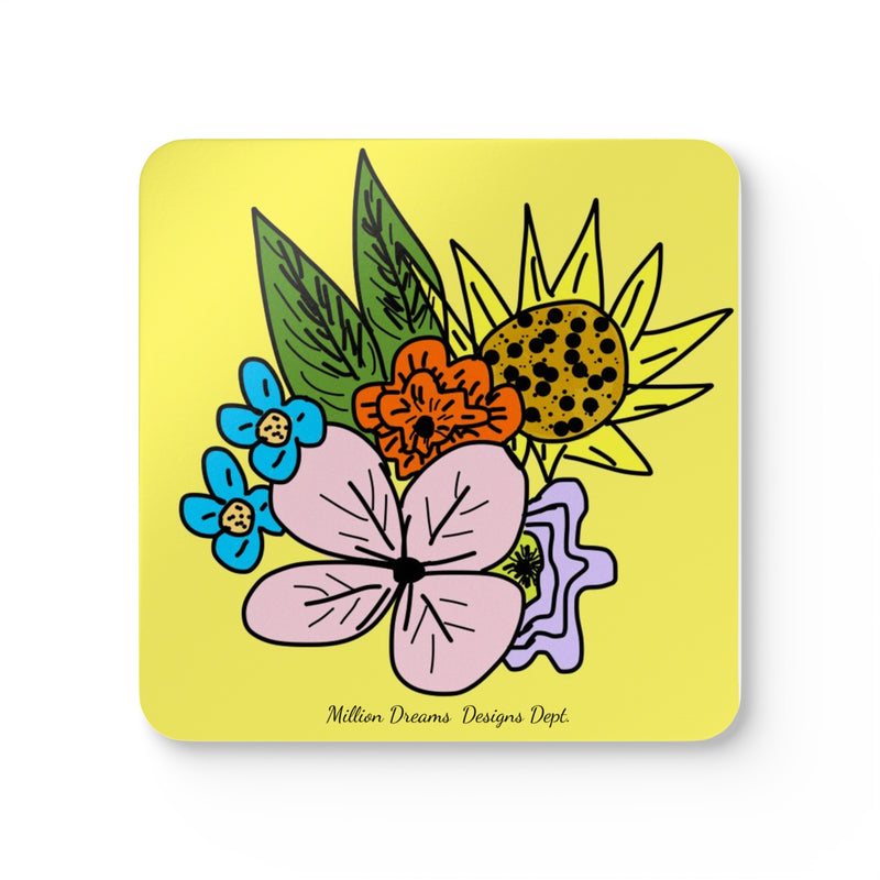 Yellow Flora Corkwood Coaster Set