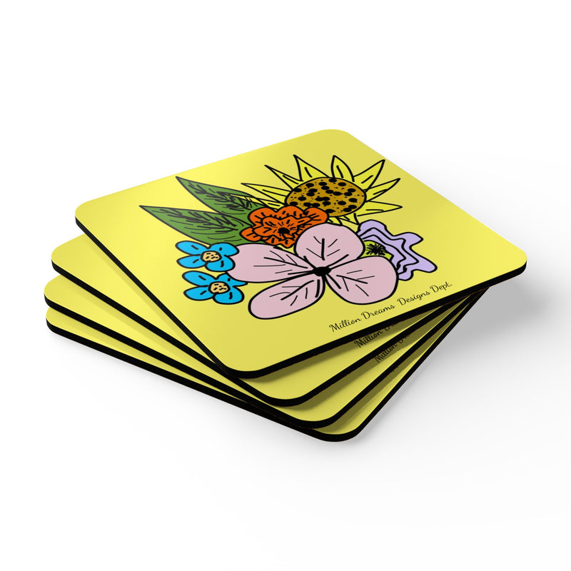 Yellow Flora Corkwood Coaster Set