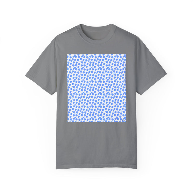 Blue Fowers Print Unisex Garmet Dyed Tee shirt