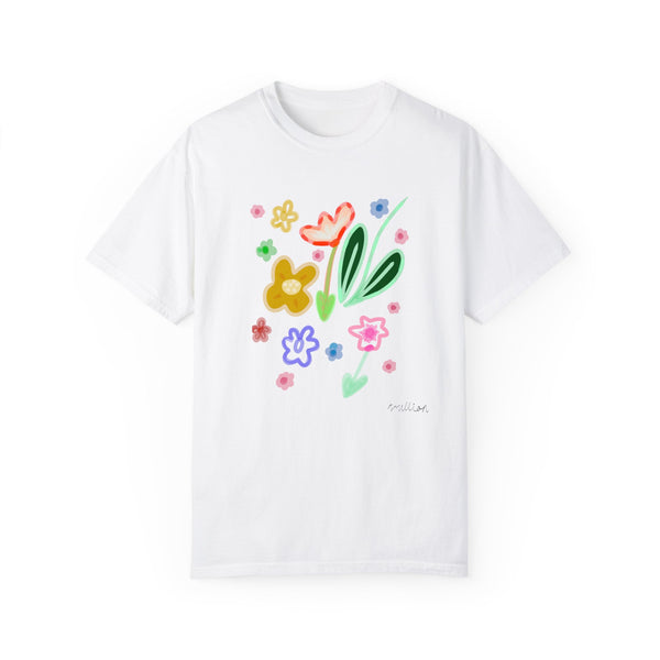 Cute Flowers Print Garment-Dyed T-shirt