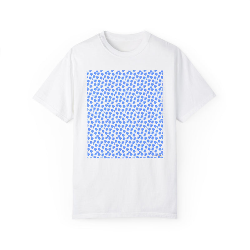 Blue Fowers Print Unisex Garmet Dyed Tee shirt