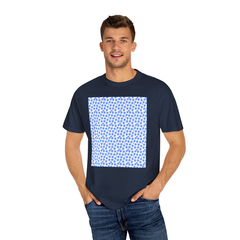 Blue Fowers Print Unisex Garmet Dyed Tee shirt