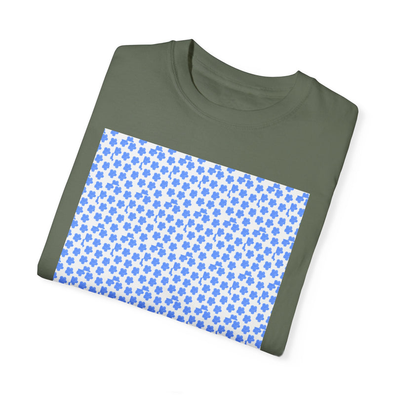 Blue Fowers Print Unisex Garmet Dyed Tee shirt