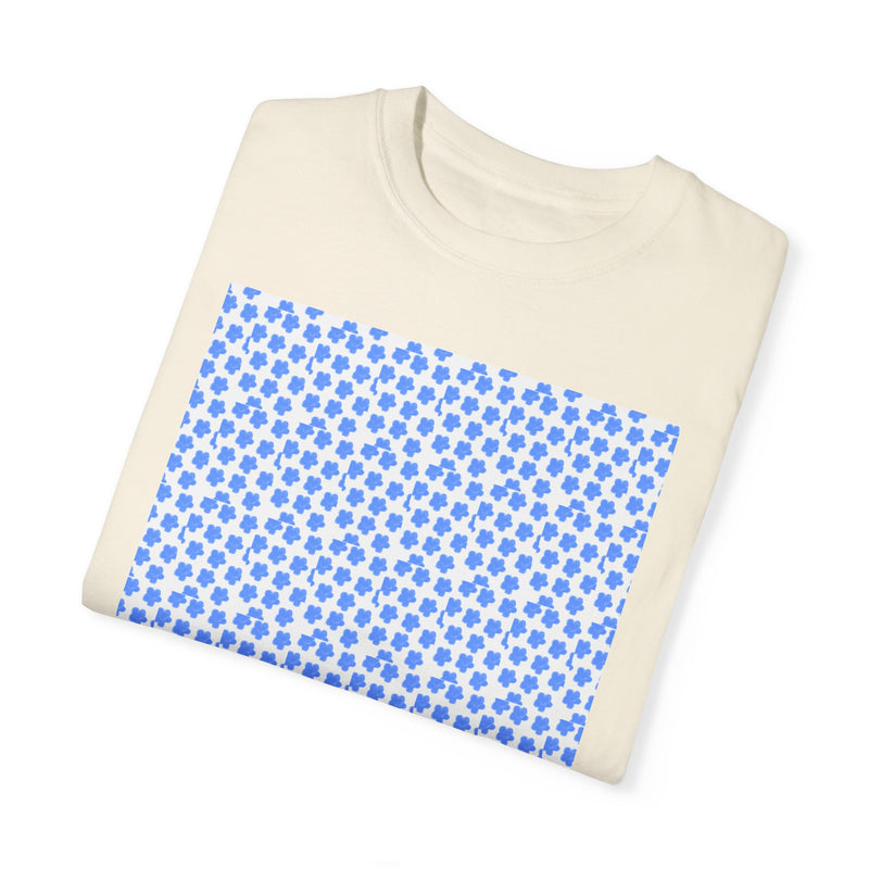 Blue Fowers Print Unisex Garmet Dyed Tee shirt