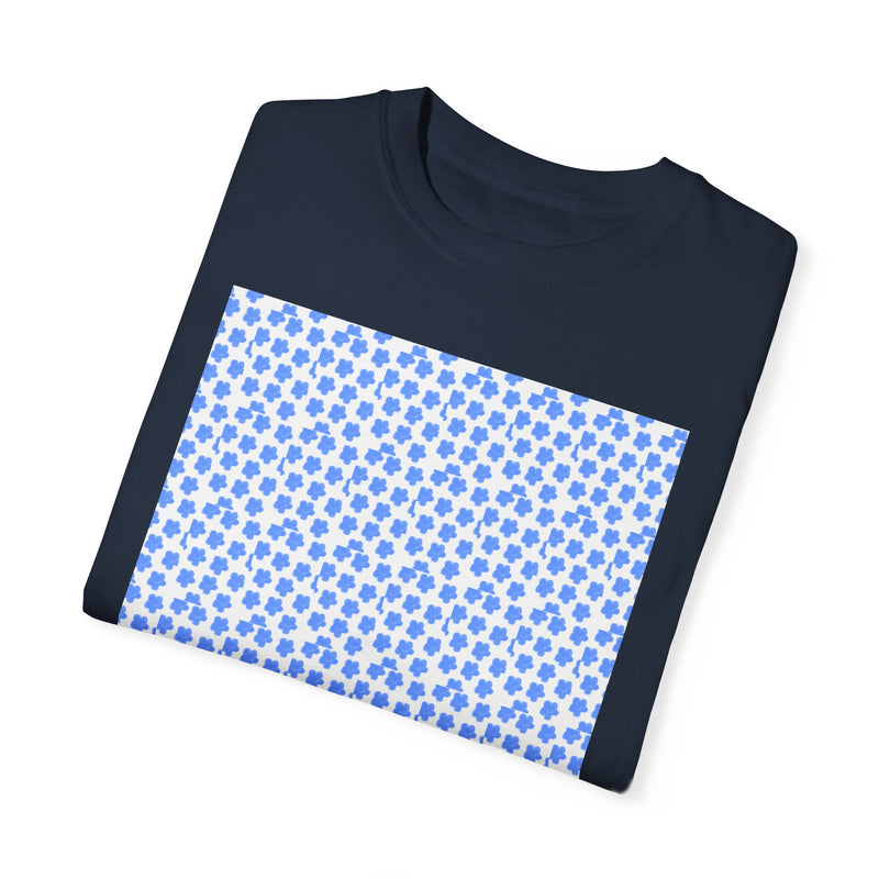 Blue Fowers Print Unisex Garmet Dyed Tee shirt