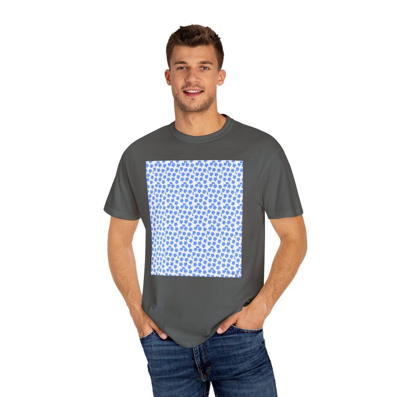 Blue Fowers Print Unisex Garmet Dyed Tee shirt