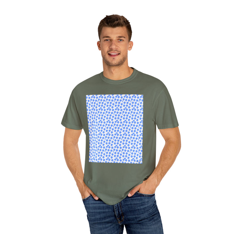 Blue Fowers Print Unisex Garmet Dyed Tee shirt