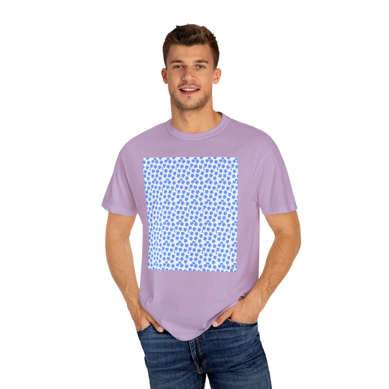 Blue Fowers Print Unisex Garmet Dyed Tee shirt