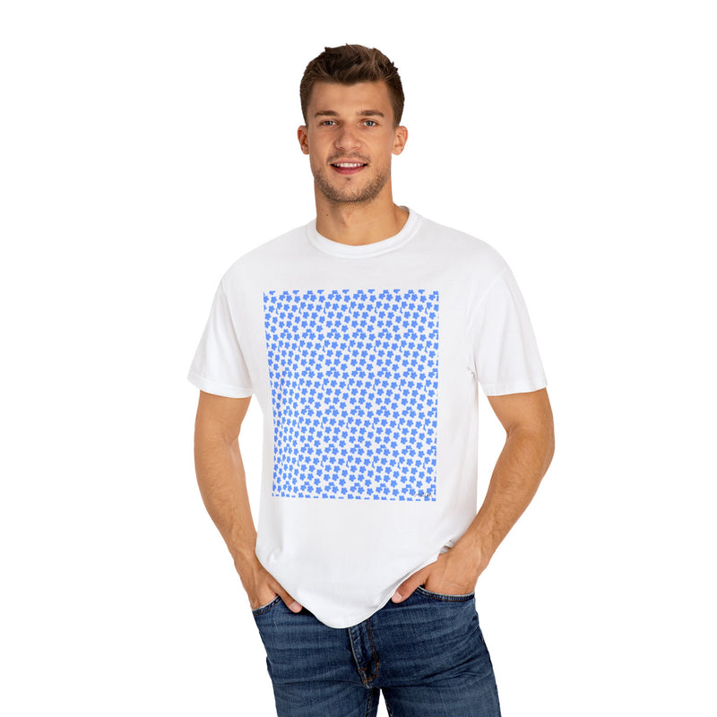 Blue Fowers Print Unisex Garmet Dyed Tee shirt