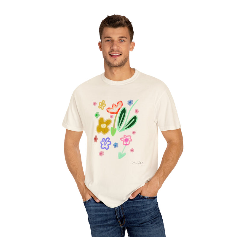 Cute Flowers Print Garment-Dyed T-shirt