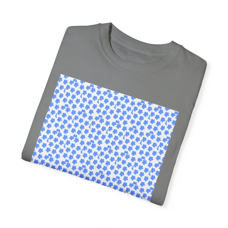 Blue Fowers Print Unisex Garmet Dyed Tee shirt