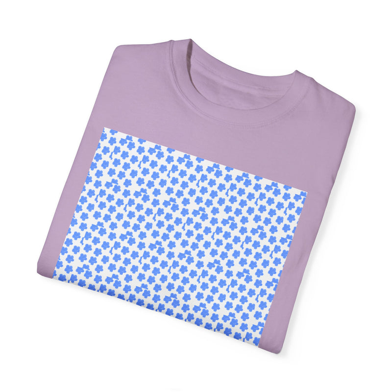 Blue Fowers Print Unisex Garmet Dyed Tee shirt